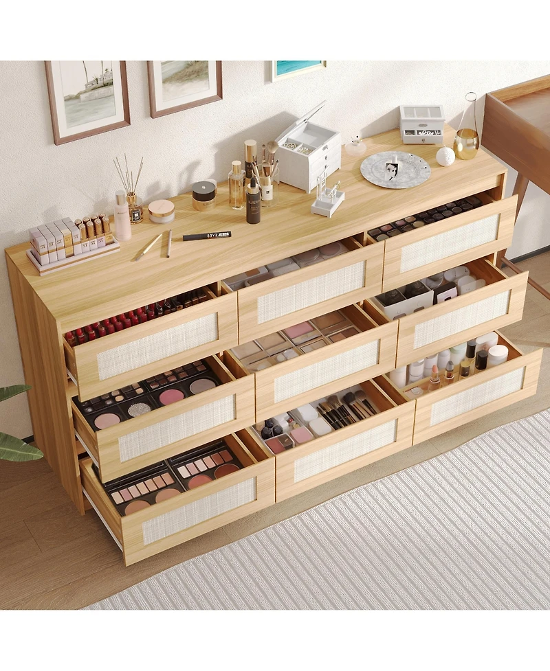 Famapy 9-Drawer Rattan Bedroom Dresser, Modern Chest with Deep Drawers