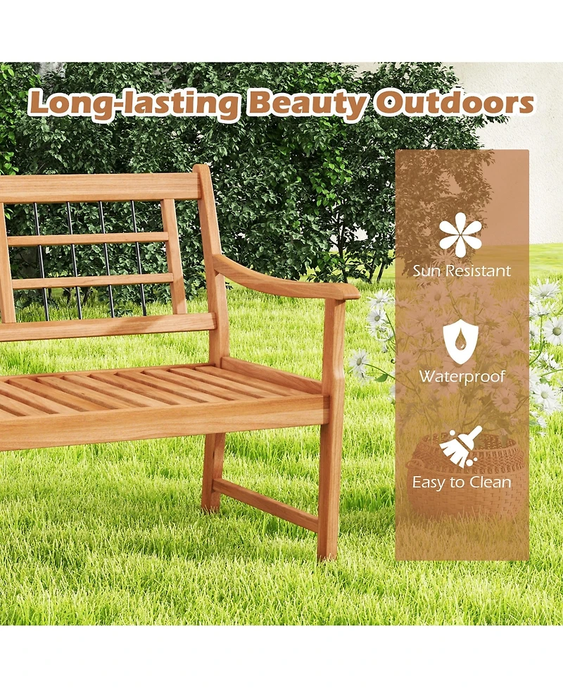 Gymax Outdoor Acacia Wood Bench 2-Person Patio Bench w/ Slatted Seat and Backrest