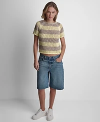 Dkny Jeans Women's Stripe Pointelle Cropped Pull-On Sweater