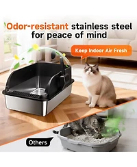 Aronkl Extra Large Stainless Steel Cat Litter Box Odor Free High Sides With Scoop Easy Cleaning Anti Leak Non Stick