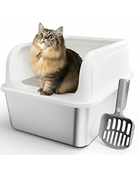 Aronkl Stainless Steel Cat Litter Box High Sided Anti Leakage Non Sticky Easy Clean With Scoop