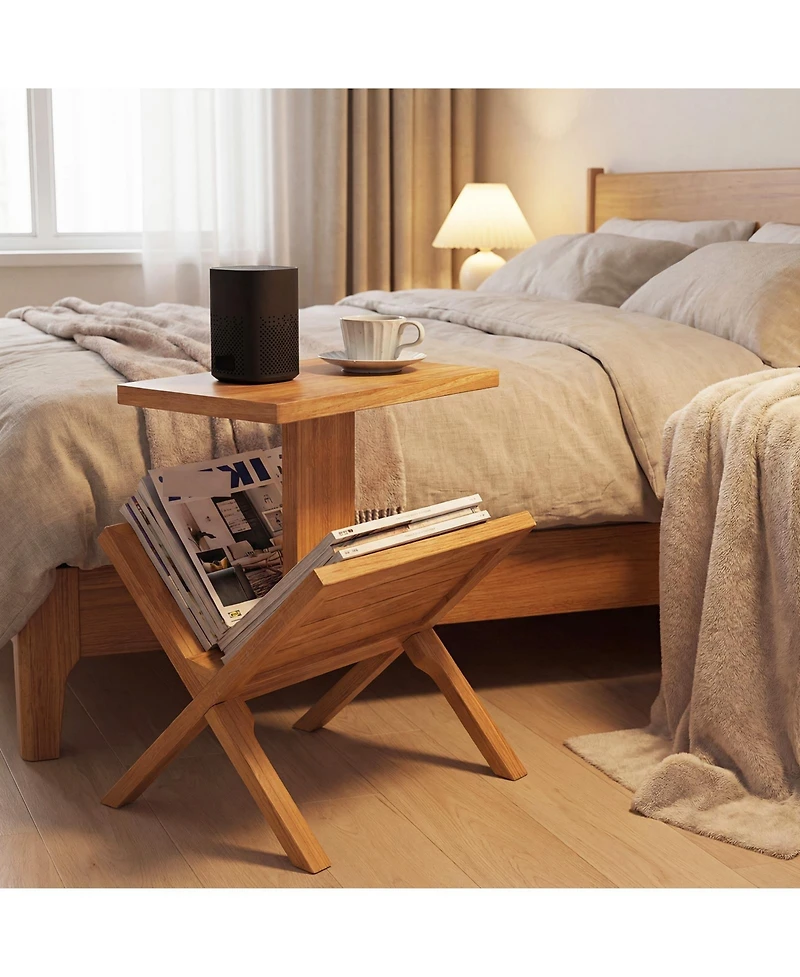 Slickblue Teak Wood 2-Tier Side Table with Built-In Magazine Rack