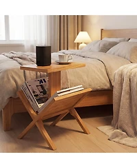 Slickblue Teak Wood 2-Tier Side Table with Built-In Magazine Rack