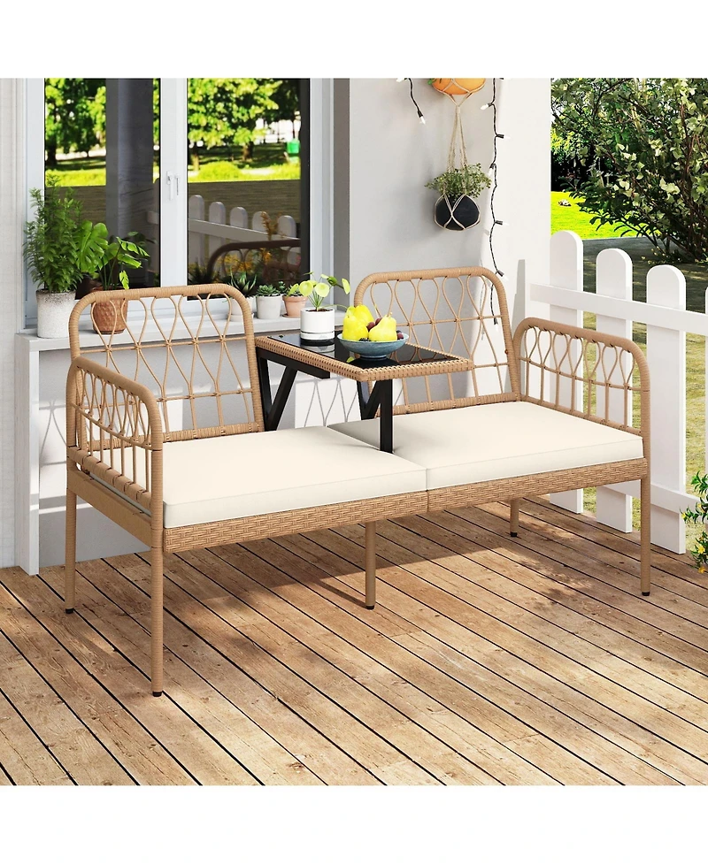 Sugift Outdoor Pe Rattan Loveseat with Built In Table and Cushions