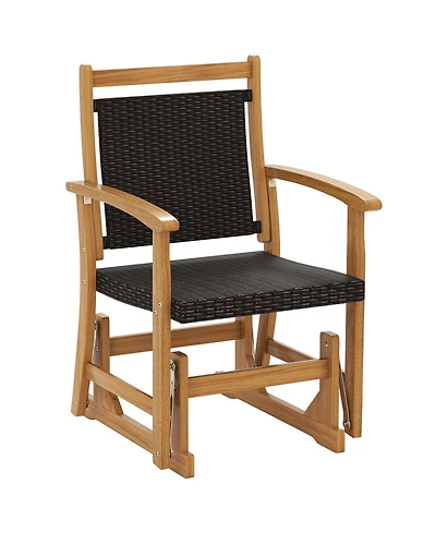 Sugift Patio Rattan Glider Chair with Acacia Wood Frame