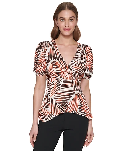 Dkny Petite Short-Sleeve Printed V-Neck Blouse