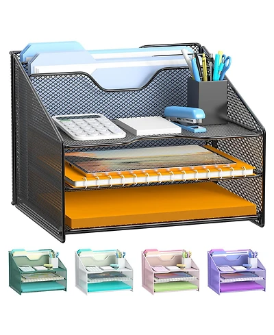 Gnuadz Mesh Desk File Organizer 3 Trays 2 Upright Sections