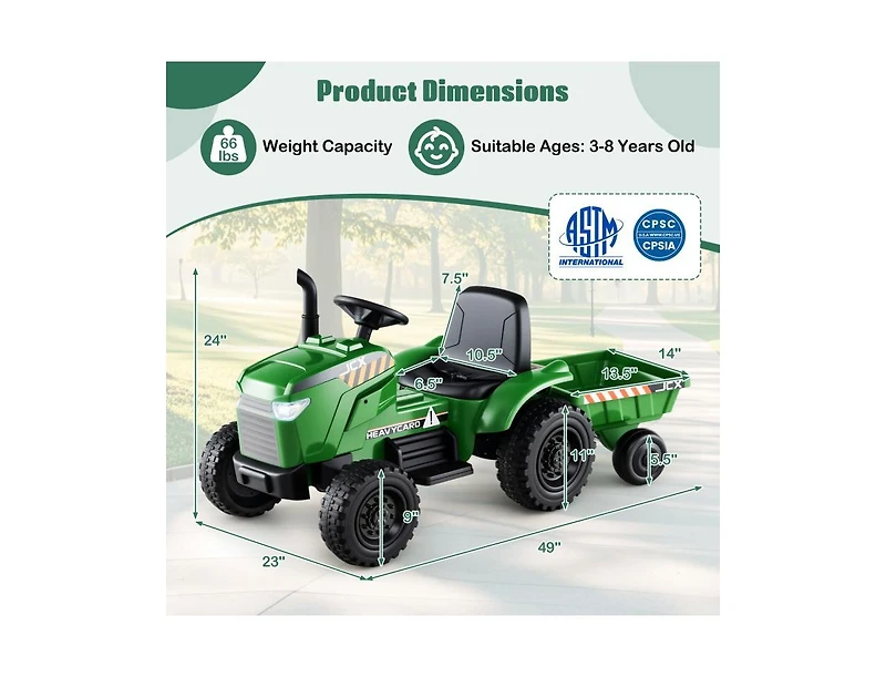 Hongge 12V 2-in-1 Kids Ride On Tractor with Trailer and 3-Gear Shift-Grayish Green