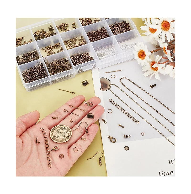 Gnuadz 870pcs Jewelry Finding Kit Lobster Clasp Jump Ring Earring Hook Bead Cap Eye Pin Head Pin Chain Extender Cord Tip Ribbon Clamp Knot Drop