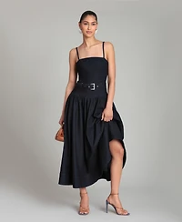 Avec Les Filles Women's Belted Drop Waist Stretch Denim Midi Dress