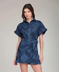 Avec Les Filles Women's Printed Denim Shirt Dress With Wrap Skirt