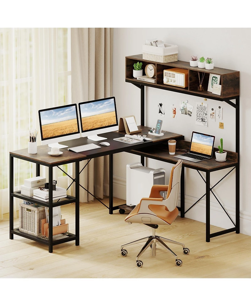 Slickblue 62 Inch Brown L Shaped Desk with Power Outlet and Storage Hutch