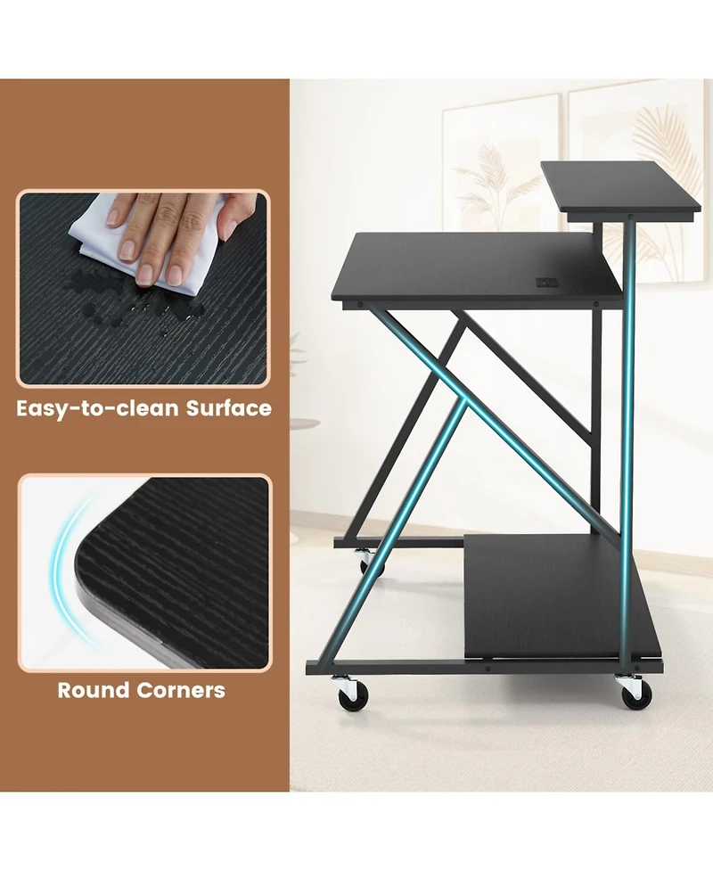 Slickblue Rolling Workstation Desk with Monitor Shelf and Charging Storage