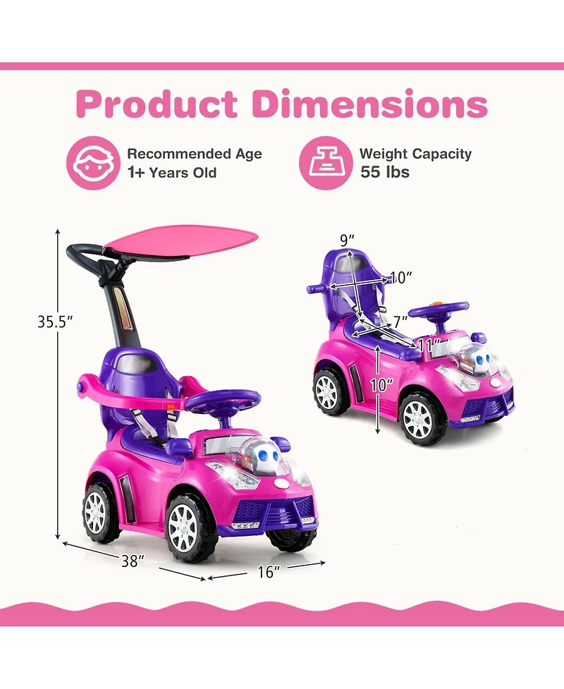 Slickblue 3-in-1 Toddler Ride-On Push Car with Seat Belt and Canopy