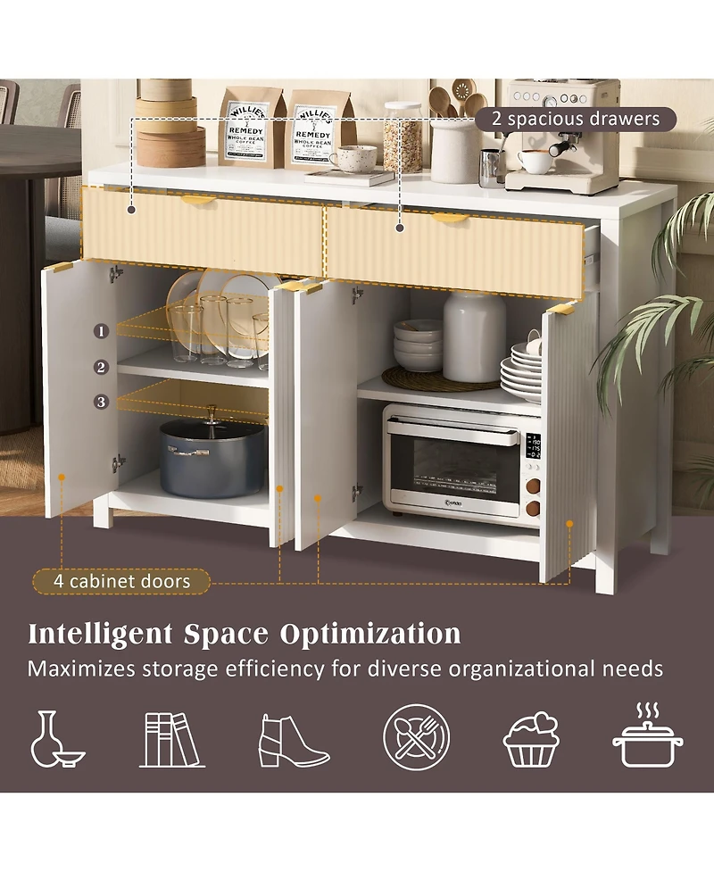 Rainsken Modern Fluted Sideboard Cabinet, Wood Storage Buffet Console with 2 Drawers, 4 Doors and Adjustable Shelves for Living Room