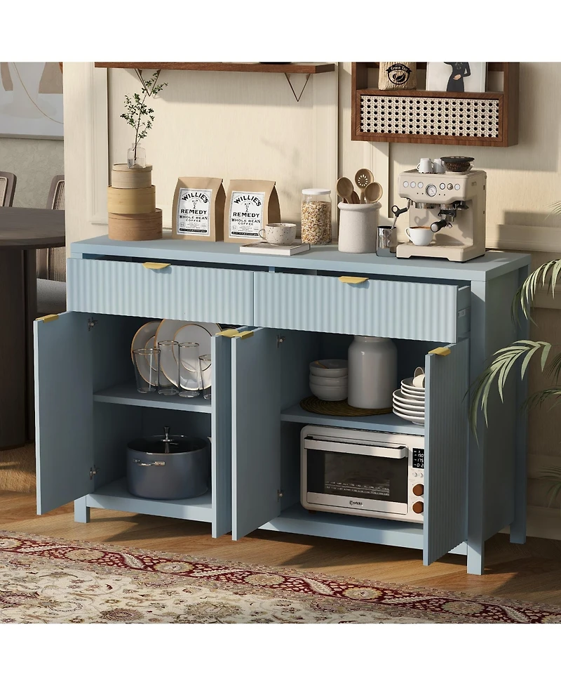 Rainsken Modern Wood Fluted Console Table, Buffet Sideboard Storage Cabinet with 2 Drawers, 4 Doors and Adjustable Shelves for Living Room