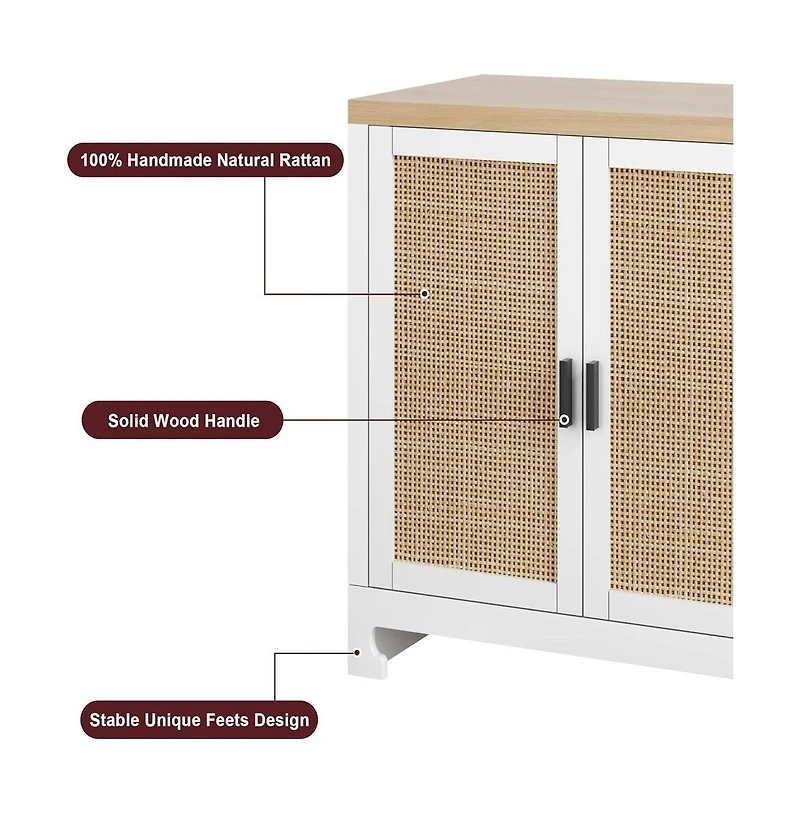gaomon Farmhouse Rattan Buffet Cabinet with Four Doors and Adjustable Shelves