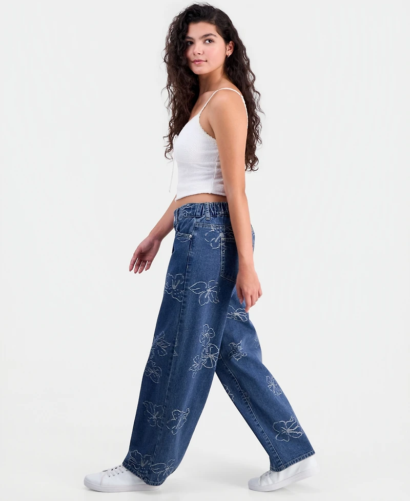 Project Indigo Juniors' Allover Hibiscus Wide-Leg Jeans