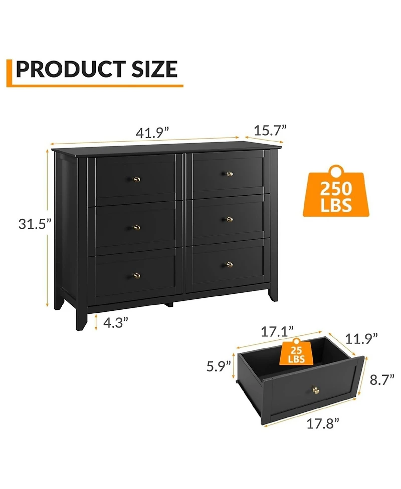 gaomon Modern 6 Drawer Bedroom Dresser Chest with Tv Stand Top