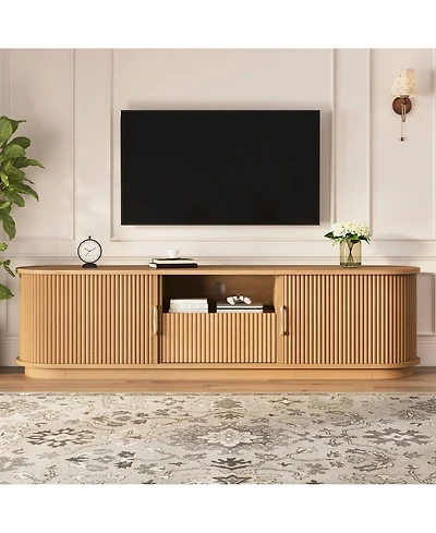 Rainsken Fluted Tv Stand for TVs up to 75", Farmhouse Media Console Entertainment Center with Sliding Wood Slatted Doors and Drawer for Living Room