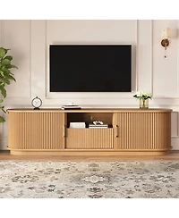Rainsken Fluted Tv Stand for TVs up to 75", Farmhouse Media Console Entertainment Center with Sliding Wood Slatted Doors and Drawer for Living Room