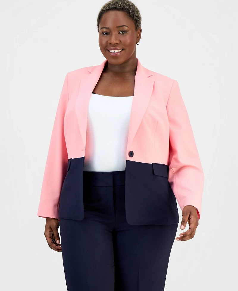 Le Suit Plus Colorblocked One-Button Peplum Jacket & Fly-Front Wide-Leg Pants