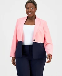Le Suit Plus Colorblocked One-Button Peplum Jacket & Fly-Front Wide-Leg Pants