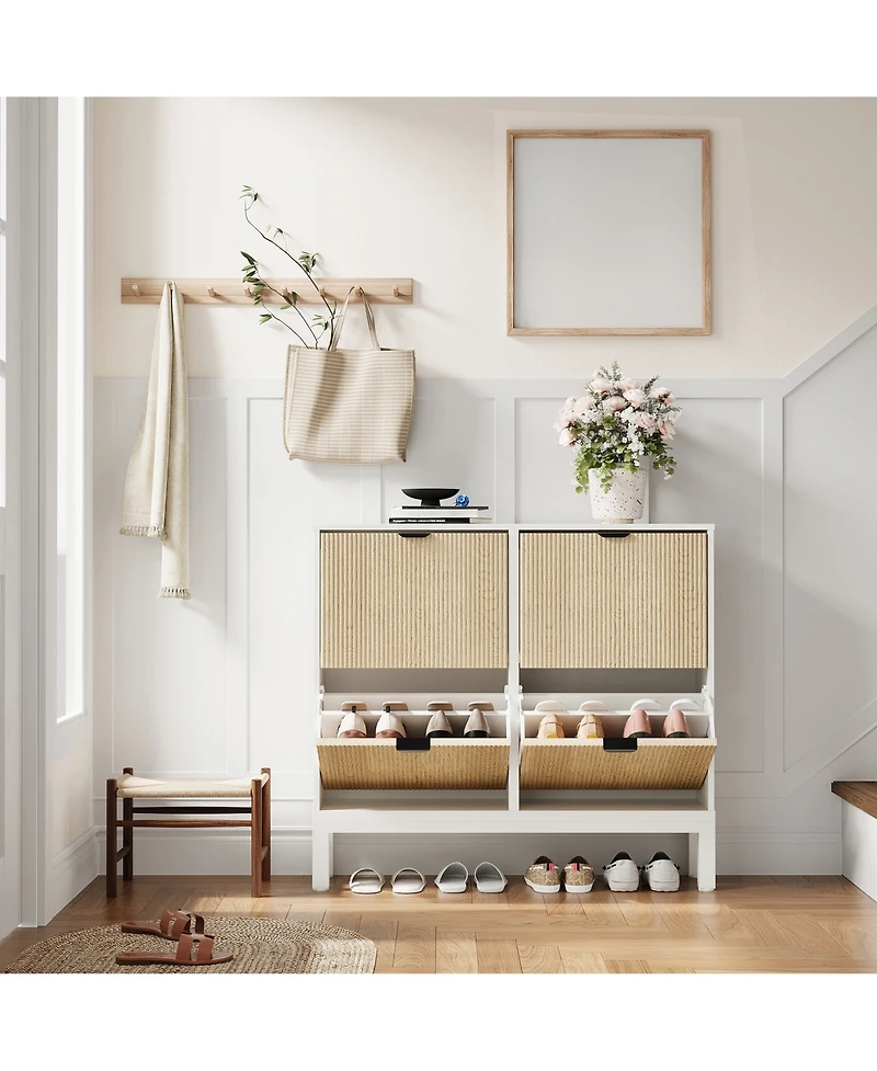 homfan Fluted Shoe Cabinet with 4 Flip Drawers, White and Oak, Slim Entryway Storage with Metal Legs