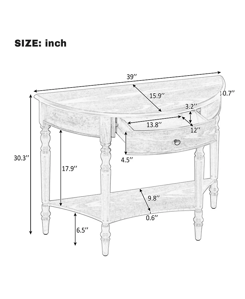 Streamdale Furniture Farmhouse Half Moon Console Table with Drawer And Shelf