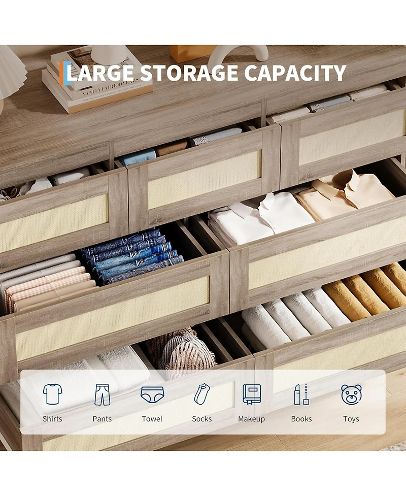 gaomon Modern Rattan 8 Drawer Dresser for Bedroom, Wooden Chest of Drawers with Storage