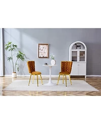 Streamdale Furniture Set of 2 Orange Velvet Dining Chairs with Gold Legs & Woven Rope Backs