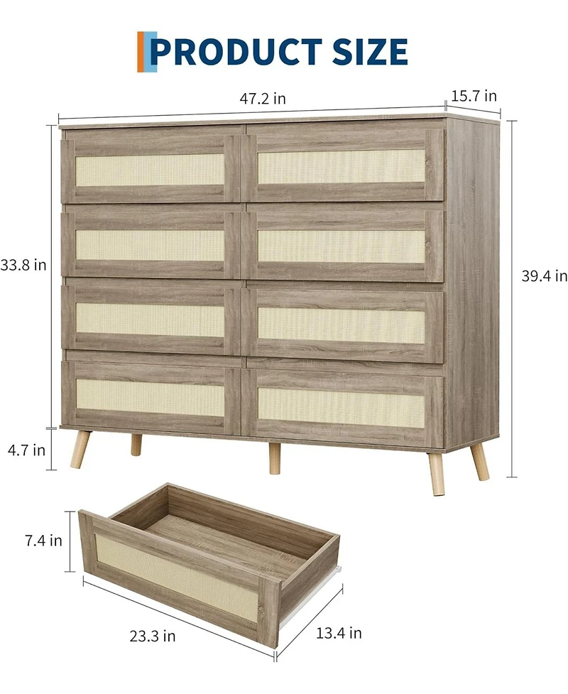 gaomon Modern Rattan 8 Drawer Dresser for Bedroom, Wooden Chest of Drawers with Storage