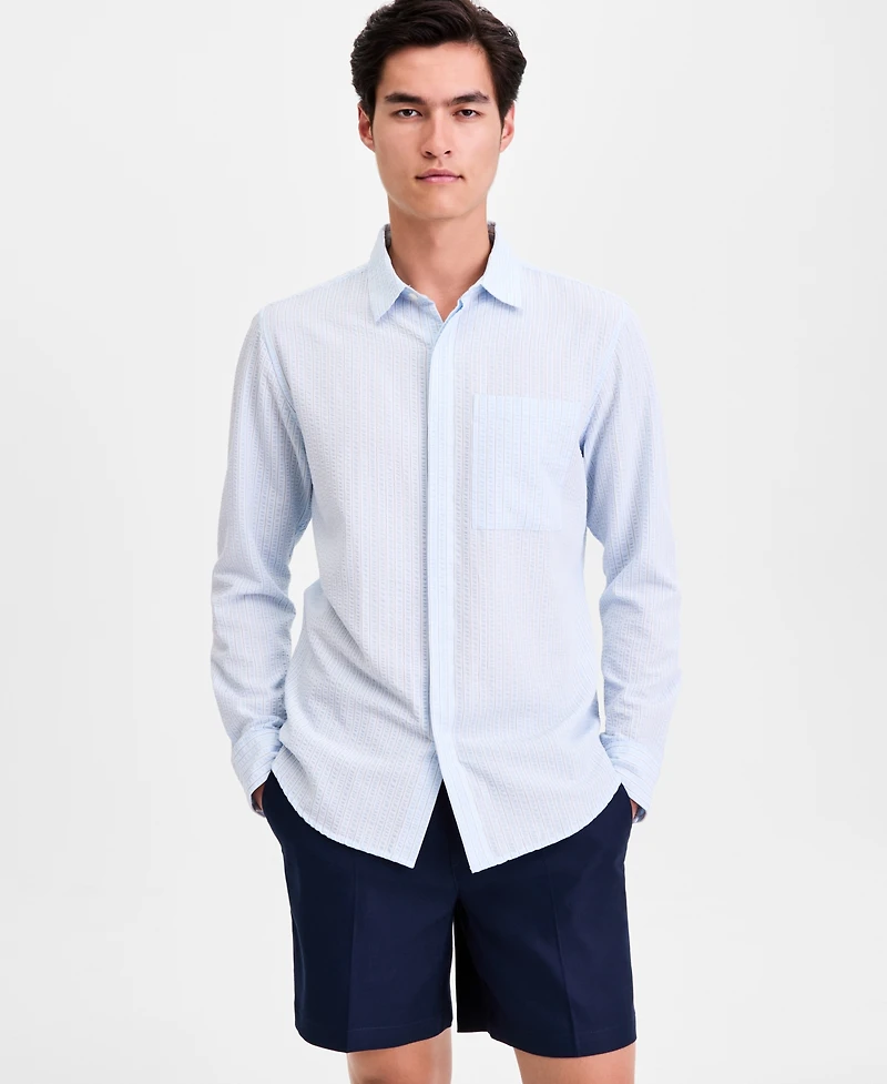 Alfani Men's Long-Sleeve Puckered Stripe One Pocket Shirt, Macy's Exclusive