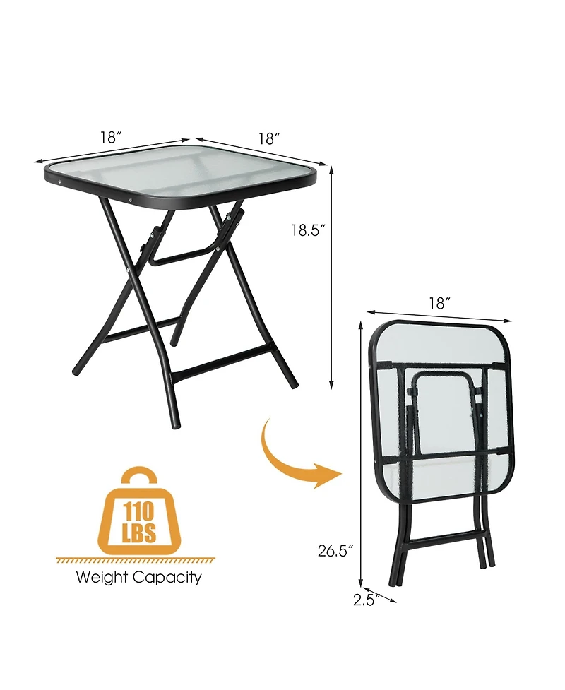 Gymax 18'' Foldable Patio Side Table Square Coffee Bistro Table w/ Tempered Glass Table Top