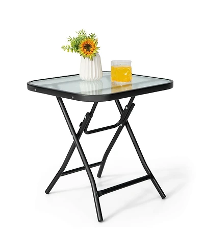 Gymax 18'' Foldable Patio Side Table Square Coffee Bistro Table w/ Tempered Glass Table Top