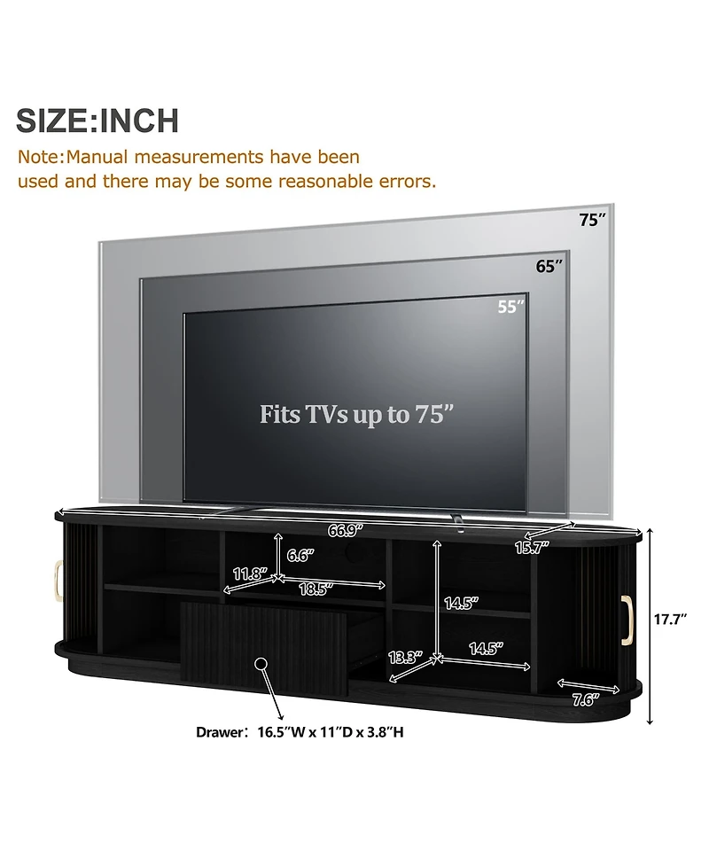 Rainsken Farmhouse Fluted Tv Stand, Media Console with Sliding Wood Slatted Doors and Drawer, Suitable for TVs Up to 75" in Living Room