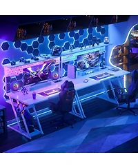 Aheaplus 55'' Gaming Desk - Cumputer Desk with Hutch, Outlets, and Led Lights