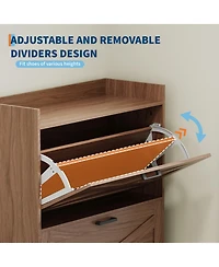 homfan Farmhouse Shoe Cabinet with 4 Flip Drawers and Upholstered Bench, Walnut Entryway Storage