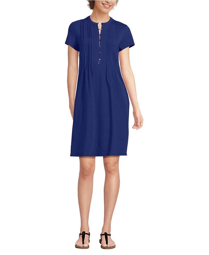 Lands' End Women's Cotton Modal Pintuck Short Sleeve Dress