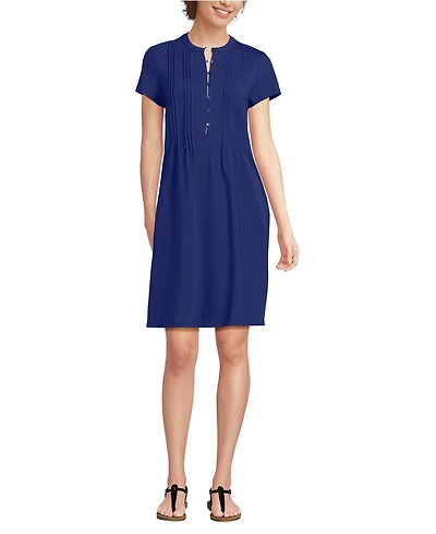 Lands' End Women's Cotton Modal Pintuck Short Sleeve Dress