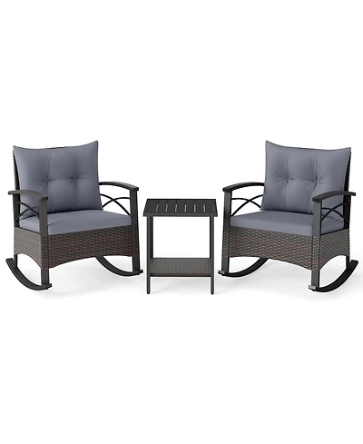 Gouun 3-Piece Outdoor Rocking Wicker Bistro Set with Acacia Wood Table