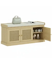 Yigii Shoe Bench Woven Rattan Doors Storage Cushion Adjustable Shelves 9 Pairs Boho Style Entryway Bedroom Living Room