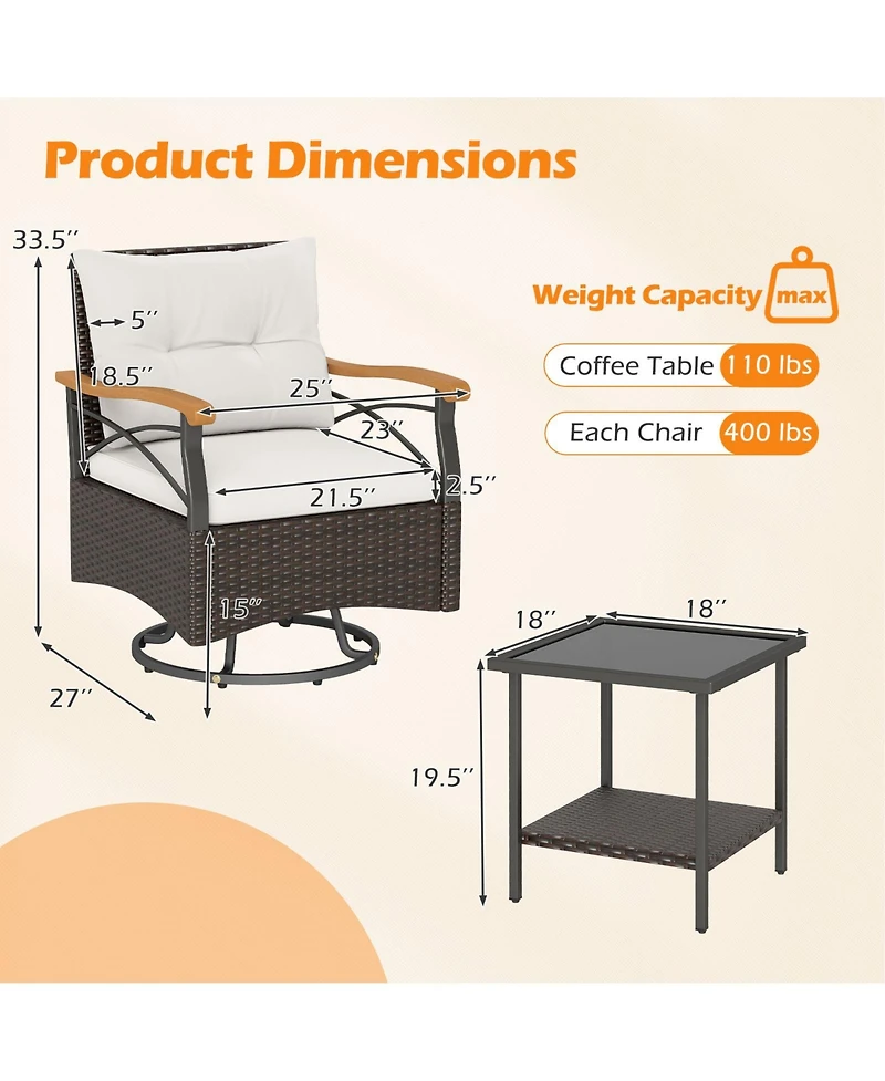 Gouun 3-Piece Outdoor Swivel Wicker Chair Set with Tempered Glass Side Table