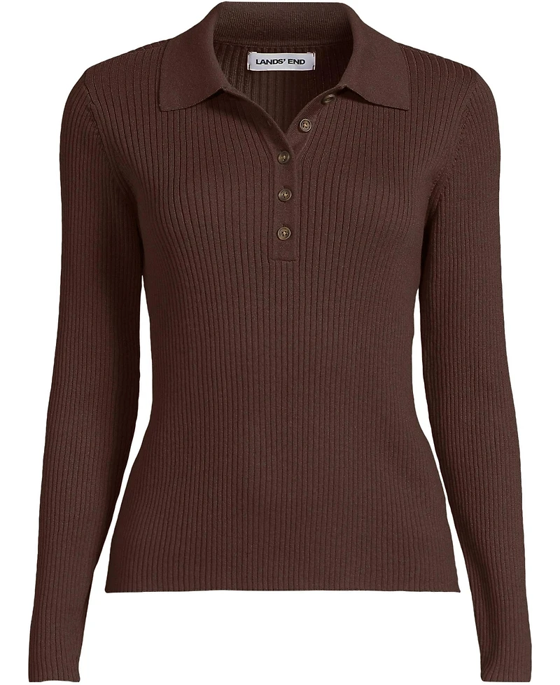 Lands' End Women's Cotton Ribbed Long Sleeve Polo Sweater