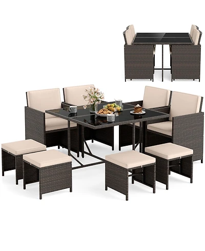 Gymax Set Of 9 Patio Dining Set with Tempered Glass Table and Ottoman Removable Cushions