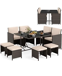 Gymax Set Of 9 Patio Dining Set with Tempered Glass Table and Ottoman Removable Cushions
