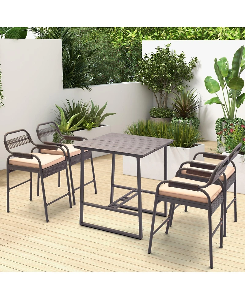sumyeg 5-Piece Rattan Counter Height Set with 4 Stools and Polywood Bar Table