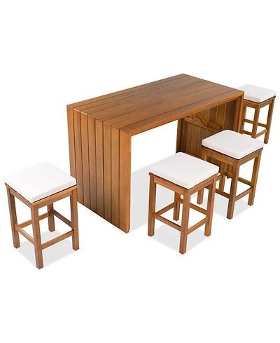 sumyeg 5-Piece Outdoor Bar Set with Acacia Wood Bar Height Table and 4 Stools with Cushions