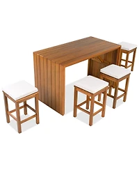 sumyeg 5-Piece Outdoor Bar Set with Acacia Wood Bar Height Table and 4 Stools with Cushions