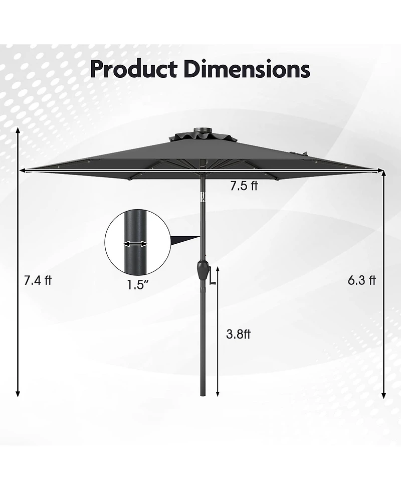 Sugift 7.5 ft Solar Powered Patio Umbrella with Led Lights and Crank
